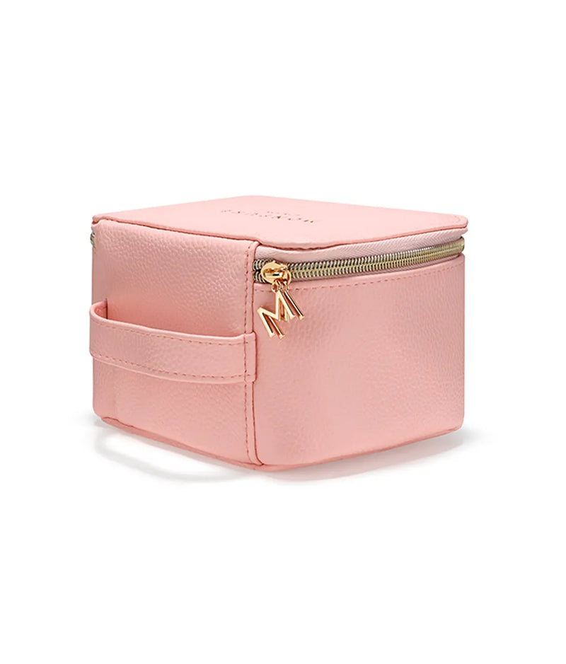 Compact pink vegan leather beauty case with gold zipper and side handle
