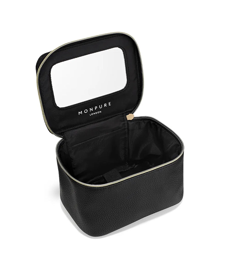 Black vegan leather beauty case with zipper and built-in mirror inside lid