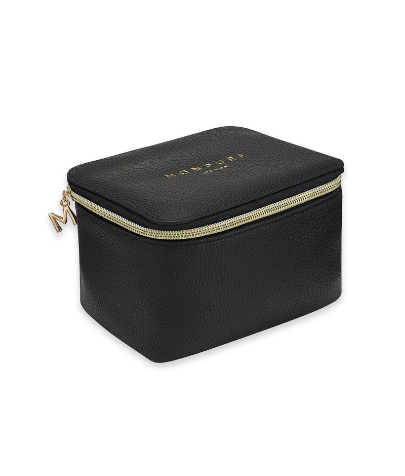 Black vegan leather beauty case with gold zipper and embossed brand logo on top