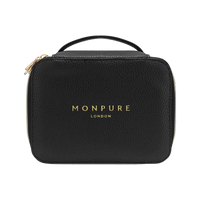 Black vegan leather beauty case with gold zipper and Monpure London logo