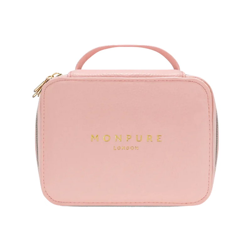 Compact pink vegan leather beauty case with gold zipper and handle